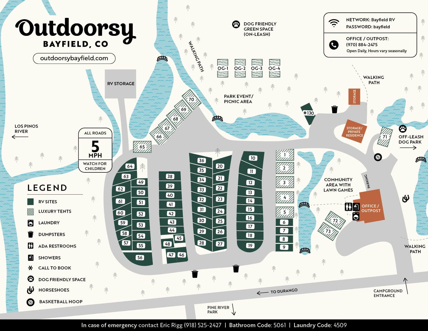 Property map of Outdoorsy Bayfield — RV sites, glamping tents, fishing, disc golf, and amenities