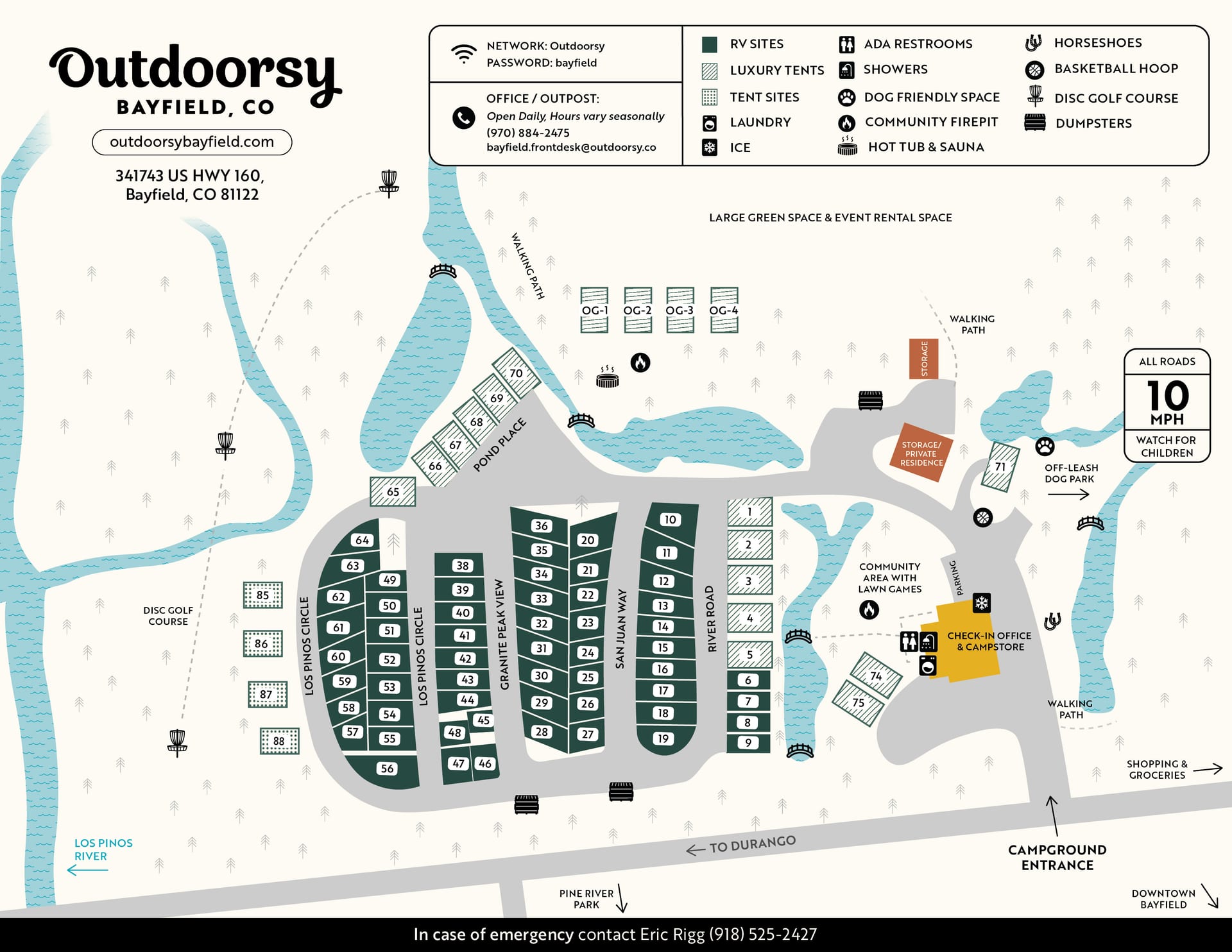 Property map of Outdoorsy Bayfield — RV sites, glamping tents, fishing, disc golf, and amenities